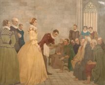 20th century English school, Figures in a church interior possibly Elizabeth I, oil on board, 33