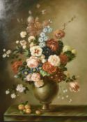 20th century, A still life of mixed flowers on a marble shelf, oil on canvas, indistinctly signed,