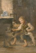 Robert Easton Stuart (1890-1940) British, A young boy in a cottage interior feeding dogs, oil on
