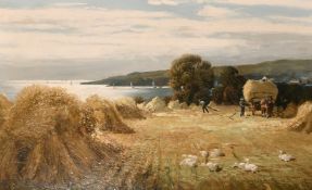 George Melvin Rennie (1874-1953) British, Figures harvesting in a field with a coastal view