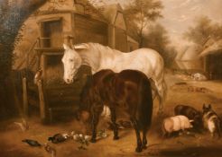 Circle of J. F. Herring jr., Horses ducks and pigs in a farmyard setting, oil on canvas, 19.5