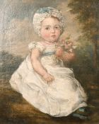 19th century school, Portrait of a child holding flowers in a landscape, oil on canvas, 16
