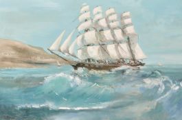 R. Fowler 20th century, A clipper at full sail riding the swell, oil on canvas, signed, 24
