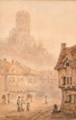 Early 19th century English school, A continental town scene with figures in a market square,