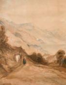 English school circa 1819, Figures and a horse resting by a mountain lake, watercolour, signed