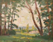 John Brown 20th century, A landscape through trees, oil on panel, signed with initials, 8