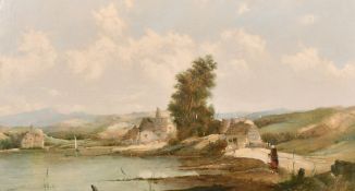 Alfred H. Vickers (1853-1907) A scene of a lady and child approaching a waterway with cottages and a