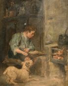 Robert Easton Stuart (1890-1940) British, A young boy in a cottage interior stoking a fire, oil on