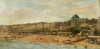 19th/20th century, figures on a beach with classical buildings beyond, oil on board, 6