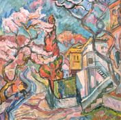 20th Century Russian School, A colourful landscape, oil on panel, signed and also signed and