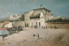 20th century school, Figures and boats by a lagoon with Eastern buildings beyond, oil on canvas,