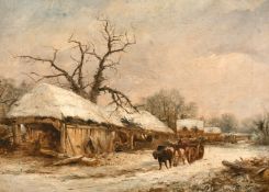 Attributed to Thomas Smythe (1825-1906) British, A horse and cart passing farm buildings in a winter