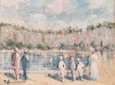 Paul Beauvais (b.1966) Elegant figures by a pond, oil on board, signed, 12