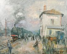 Roger Bertin (1915-2003) Train approaching a station in a French village, oil on canvas, signed, 24
