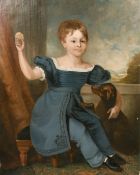 19th century British school, Portrait of a seated child with a dog and a landscape beyond, oil on