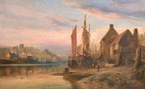 William Gilbert Foster (1855-1906) British, Figures and boats at dusk with a harbour town beyond,