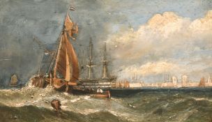 Circle of William Clarkson Stanfield, Shipping In heavy seas with a harbour entrance beyond, oil