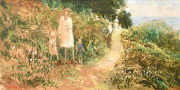 Robert Moore, Ladies and children gathering wildflowers on a coastal path, oil/tempera on panel,