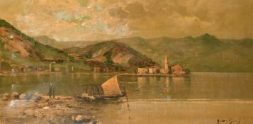 A. Franco Giorgi (1878-1963) Italian, A traditional Northern Italian fishing boat moored by a lake