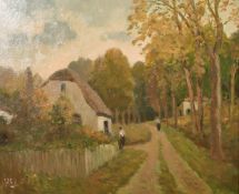 H. E. Lewis, woodland cottage, oil on board, signed with initials, 18