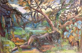 Phillys Bray (1911-1991) British, A recumbent female nude in an ethereal forest glade, oil on
