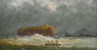 19th/20th century, three figures in a rowing boat off a headland, oil on canvas, 11