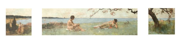 Henry John Yeend King (1855-1924) British, A framed triptych of classical maidens beneath a