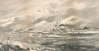 Early 20th century British school, A scene of a battleship leaving port accompanied by a flotilla,