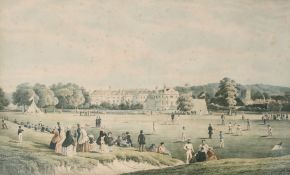 The cricket match, Tunbridge school, coloured print, in a maple frame, 19