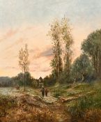 Late 19th century continental school, wayfarers approaching a village at dusk, oil on canvas,
