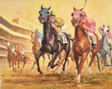 Jack Keay (b. 1907) American, A scene of Jockeys vying for the lead with a stadium in the