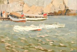 Piotr Soulimenko (b. 1914) 'Tourist Boats, Crimea' (painted 1950), oil on card, 9