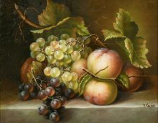 20th century, A still life of fruit on a marble ledge, signed ‘R Caspar’, 8” x 10”.