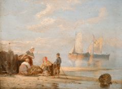 P. C. Dommersen 19th century, A scene of figures unloading a catch with Dutch fishing boats