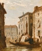 Manner of F. Guardi, A pair of early 19th century oil on canvas Venetian scenes, one indistinctly
