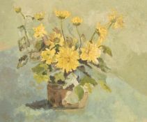 Mid-20th century school, A still life of yellow flowers in a vase, oil on board, 25