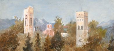 20th Century Continental School. A View of Towers in a Country Landscape with Hills in the Distance,