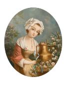 19th century continental school, A young maiden amongst flowers with an urn, oil on canvas laid