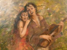 Jeno Dukai Takach (1888-1956) Hungarian, A scene of two females singing with one holding a violin,