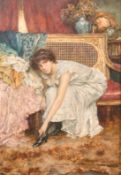 William A. Breakspear (1855-1914) British, 'Dressing for the Ball', A young girl seated on a sofa
