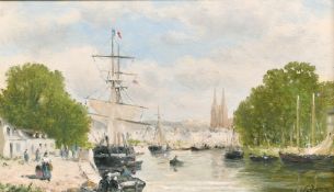 Gerard Roux (b. 1946) French, A scene of sailboats with figures on the quayside, oil on panel,