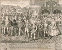 George Vertue, A copper engraving of the Royal Procession of Elizabeth I, in a carved period frame,