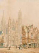 H. Schafer (1854-1915), 'Evreux, Normandy' figures in a busy city street, watercolour, signed and
