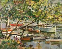 Llewellyn Petley-Jones (1808-1986) Figures and moored boats on the Thames at Richmond, oil on board,