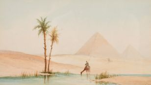 A pair of 19th century watercolours of Egyptian scenes with figures and camels before pyramids,