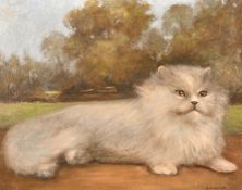 Ruth Bowyer, Persian cat in a landscape, oil on canvas, 16