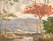South East Asian School, A river landscape with mountains beyond, oil on canvas, bears signature