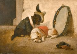 Continental school, A scene of dogs in novelty outfits resting by a tambourine, oil on mahogany