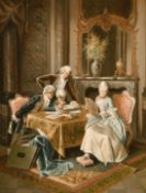 19th century Continental school, Figures in a lavish interior with a flirtatious couple, oil on