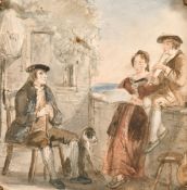 Circle of Thomas Faed, figures on a balcony playing music, watercolour, 4.5